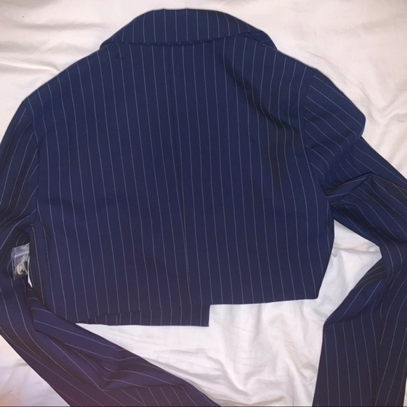 Staud Navy Blue Cropped Pinstriped Blazer & Pinstripe Liv Pleated Skirt Set - Picture 4 of 4